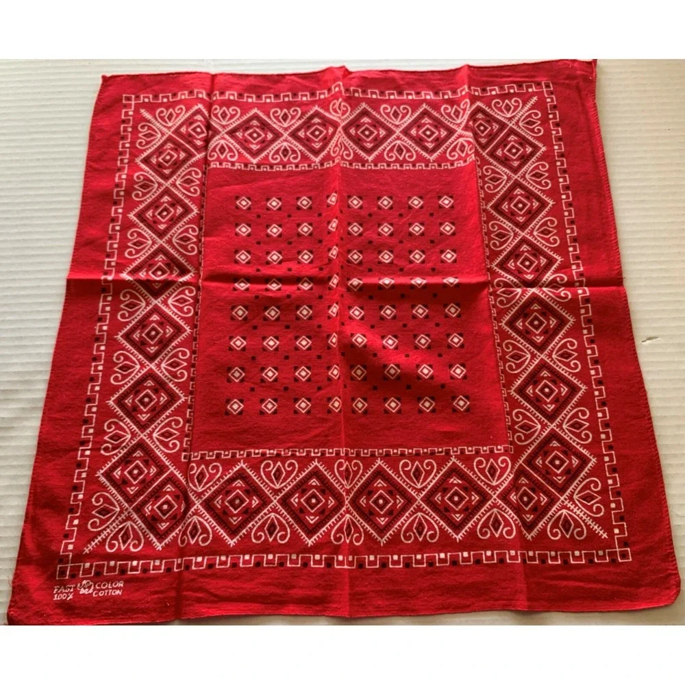 Vintage Red Bandana Fast Color Elephant Trunk Up 100% Cotton Geometric Biker